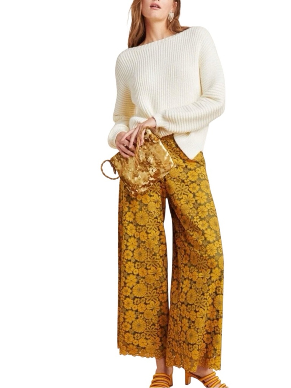 Eva Franco Anthropologie Lillia Gold Lace Wide Leg Pants Misses size 8